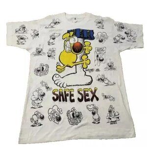 Vtg 90s All Over Print Safe Sex Shirt XL White Grimmy Humping Leg Funny Cartoon
